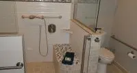 A bathroom shower and toilet bowl