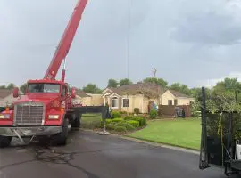 A red truck with a crane